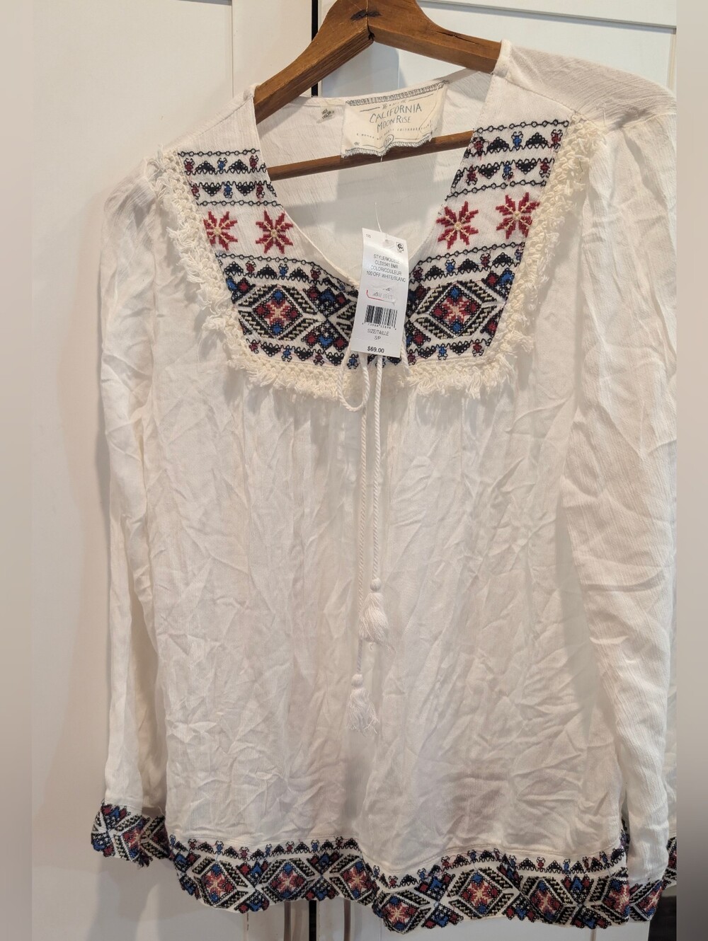 Embroidered White Peasant Blouse with Tassel Tie